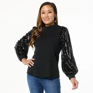 DG2 by Diane Gilman Sequin Sleeve Mock-Neck Top