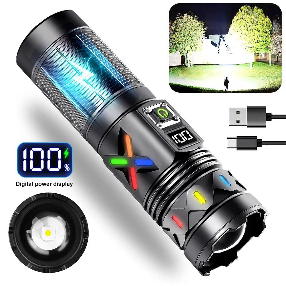 VASTFIRE Tactical Flashlight, High-Power Aluminum Alloy with 5000 Lumens, 1500m Beam, Telescopic Zoom, LCD Display, and 6600mAh USB-C Rechargeable Battery for Camping and Hiking