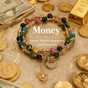 Veliora Gift B Premium Double-Strand Rainbow Tourmaline Beaded Bracelet，Wearing natural gemstones brings you energy and wealth.