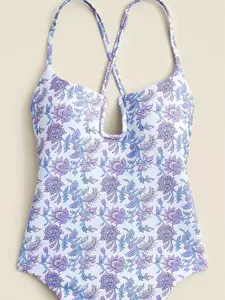 J.CREW Mira one-piece swimsuit in Classic Sculp. SIZE: 8. COLOR: blue multi floral. ITEM # cj788. Medium bust support. Low-rise back. Low-cut leg. BRAND NEW WITH TAG. WAS PURCHASED DIRECTLY FROM J.CREW.