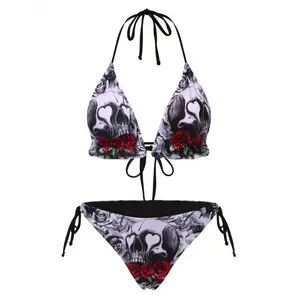 Charm Studio [82% Polyester Strapless Bikini] Floral Skull Print Bikini Set, High Stretch Polyester and Spandex Knit Fabric, Strapless Lace-Up Swimwear