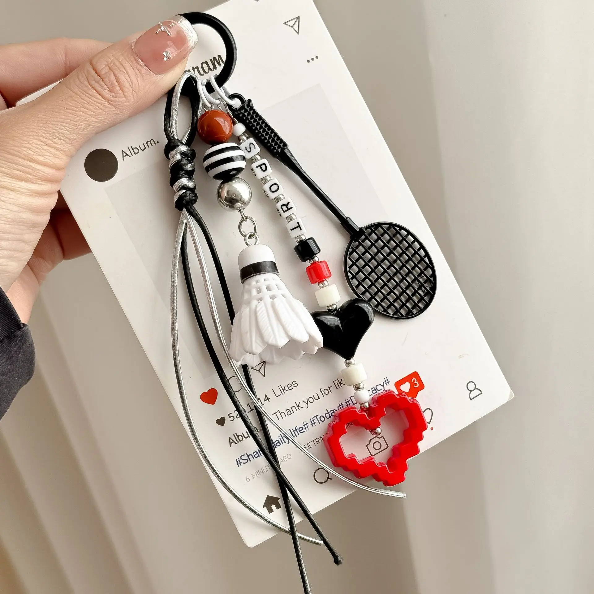 Sporty Badminton Racket Keychain Charm, Viral Hand Beaded Sports Bag Pendant, Pixel Heart Letter Bead Multi Dangle Key Ring, Trendy Athletic Accessory For Backpack Car Keys Sports Fans Daily Decor & Gift