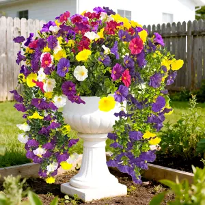 Artificial Flowers for Outdoor, 4 Pcs Faux Silk Morning Glory Silk Flowers UV Resistant Fake Hainging Flowers Colorful  Eucalyptus Leaves Look Real for Outside Porch Planter Home Decor