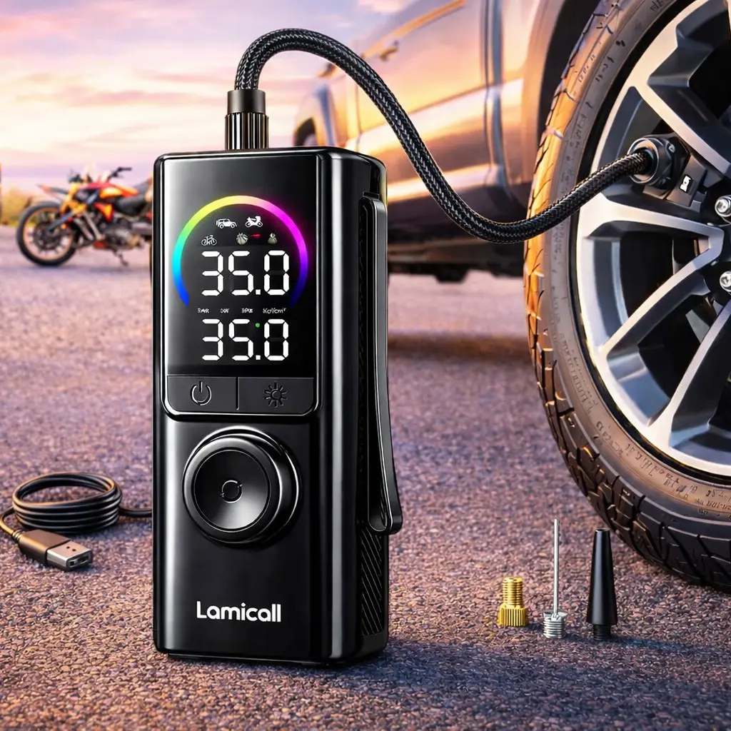 Lamicall Cordless Automotive Tire Inflator - Portable Air Compressor with 150PSI Pressure Gauge, 2X Faster Pump for Car, Bicycle, Cordless Tire Inflator