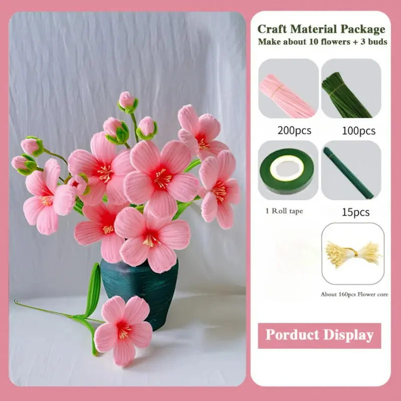 476-piece hibiscus flower pipe cleaner bouquet material kit, DIY Flower Decor, suitable for Mother's Day, graduation ceremonies, home decoration, and holiday gifts, in deep pink, light purple, and light pink (not finished product)