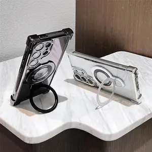 Protective Plated Clear Bracket Phone Case for Samsung Galaxy S24 S23 S22 Plus Cover with Kickstand Four Corners Cases for Samsung S24 S23 S22 Ultra