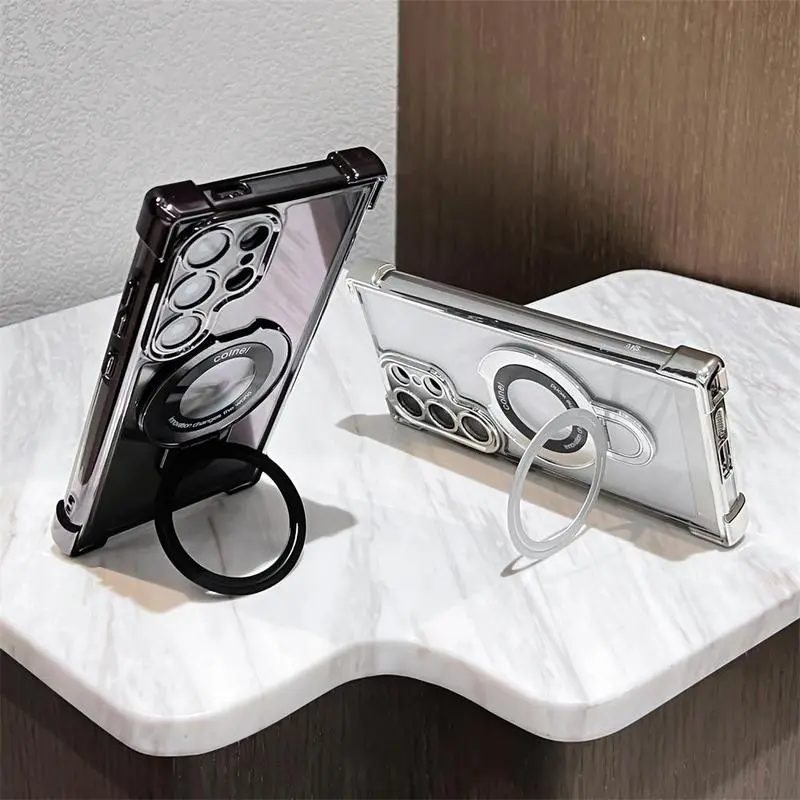 Protective Plated Clear Bracket Phone Case for Samsung Galaxy S24 S23 S22 Plus Cover with Kickstand Four Corners Cases for Samsung S24 S23 S22 Ultra