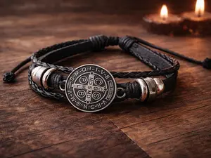 St Benedict Leather Beaded Stack Bracelet | Catholic Christian Spiritual Protection Jewelry | Adjustable Cord & Braided Strands | Faith Gift