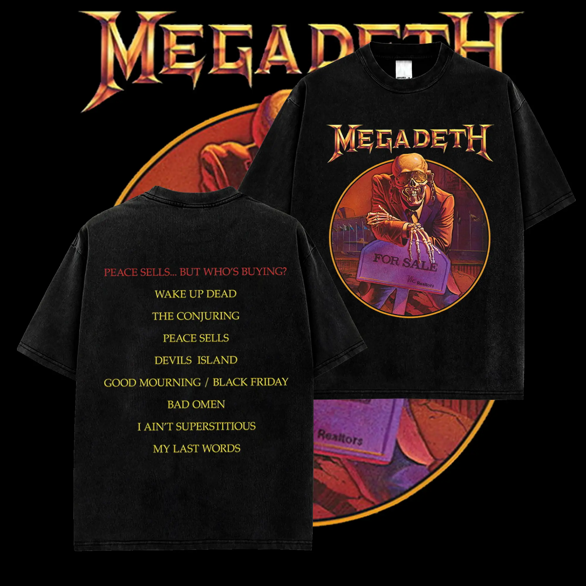 [MetalStyle] Megadeth Peace Sells...Tracklist Retro Unisex 100% Heavyweight Cotton T-Shirt – KILLING ROAD World Tour Rock Thrash Metal Cotton Tee, Heavy Metal Rock Band Shirt, Oversized Vintage Tee, Heavy Metal Merch, Gift for Rock Fans