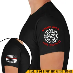 Personalized US Firefighter Custom Name Department & ID T-shirt Printed, US Firefighter Cotton Shirt, Red Line US Flag Tee, Full Color Full Size