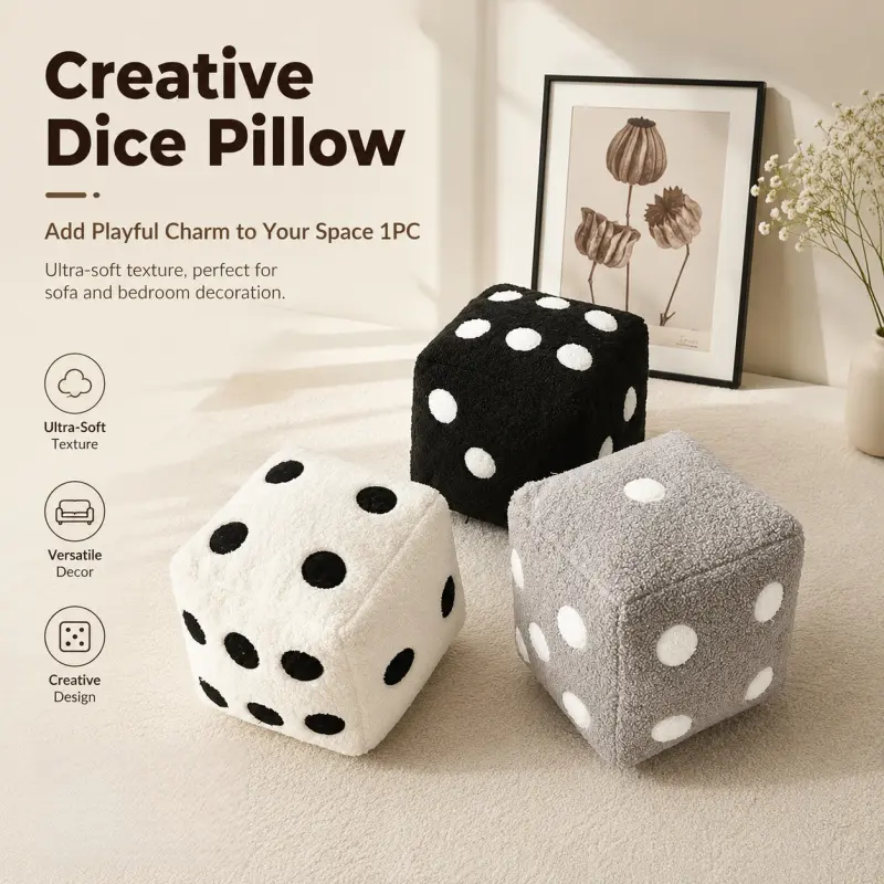 Creative Dice Pillow, 3D Plush Cushion, Padded Cushion in Black/White/Grey, Cute & Playful Decorative Throw Pillow for Sofa & Bedroom, Ultra-Soft & Cozy for Stress Relief & Gifts, Sofa Cushion Decorations