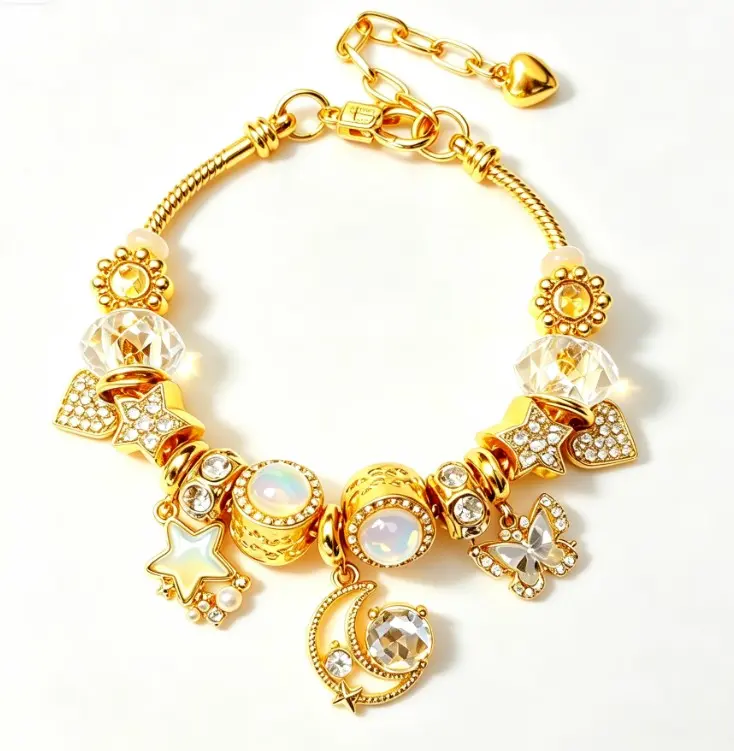 Dreamy Star & Moon Charm Bracelet – Gold-Tone Bow & Crystal Bead Bangle, Sweet Fairycore Jewelry, Perfect Gift for Her