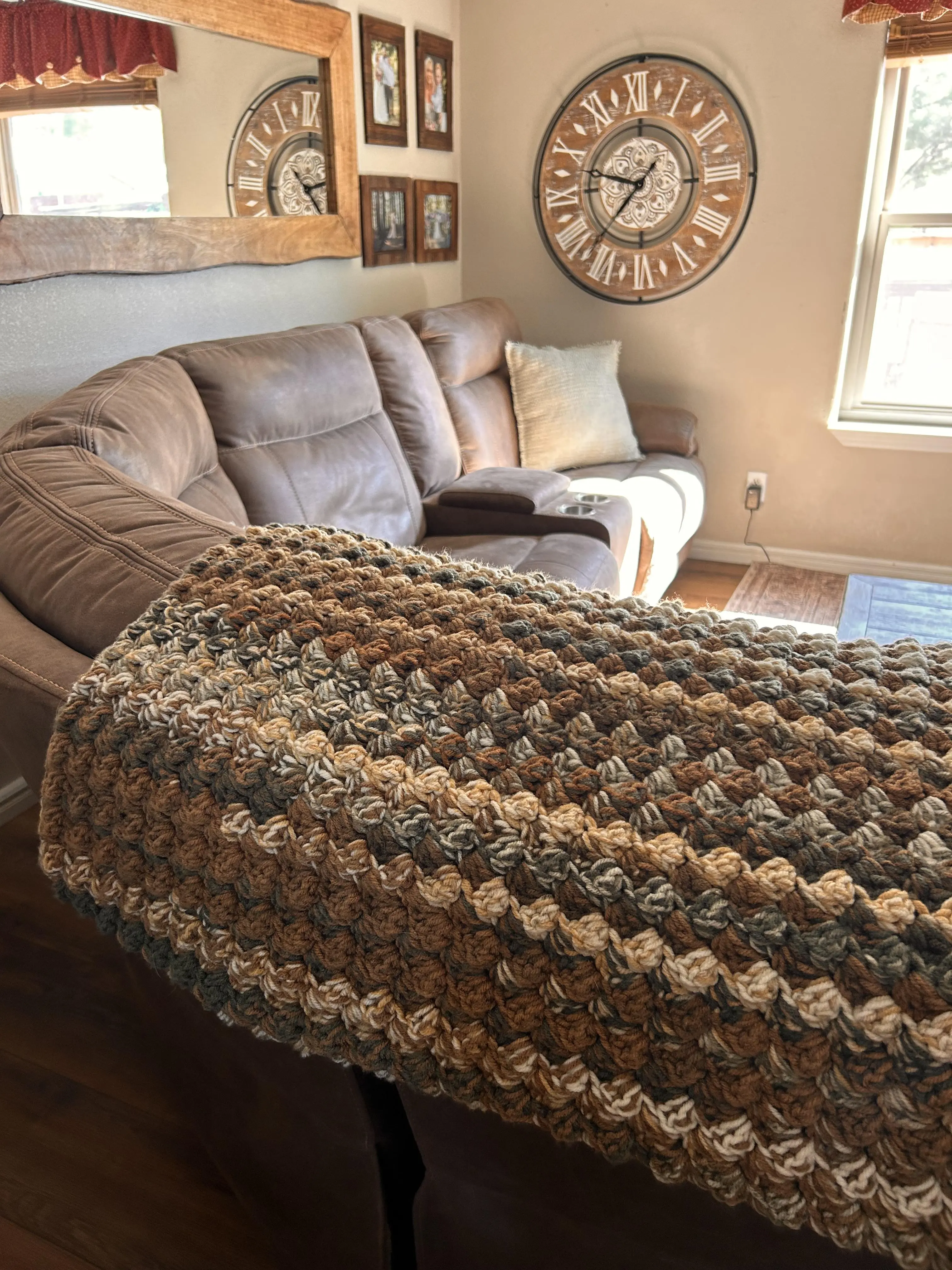 Chunky Crochet Blanket | Earth Tone Textured Afghan | Rustic Farmhouse Decor, Green Blanket, Earth tone decor, brown blanket, cabin decor, lodge decor, mountain home