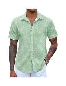 Men's Hawaiian Shirts Short Sleeve Button Down Aloha Shirt Casual Beach Clothes in Soft Polyester Fabric with Ethnic Leaves Print