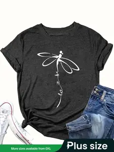 【Plus Size】 Dragonfly Print Round Neck Tee, Casual Short Sleeve Crew Neck T-shirt for Summer, Women's Clothing for Daily Wear