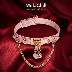 Sweet Gothic Pink O-Ring Chain Choker Necklace | Pastel Pink Faux Leather Collar with Gold Chain & Rhinestone Ball Pendant