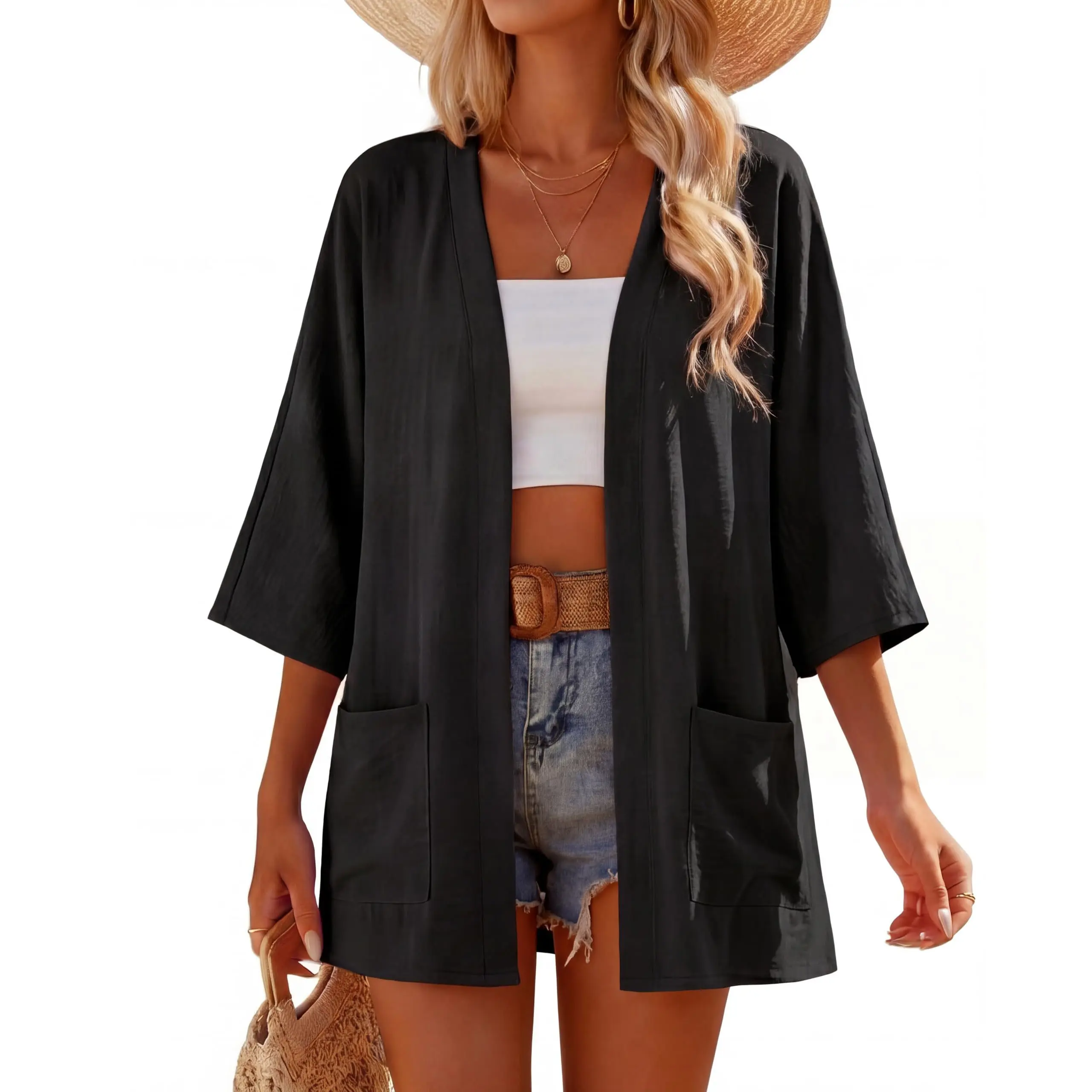 Lepunuo Summer Cardigans for Women Lightweight Open Front 3/4 Sleeve Kimono Cardigans with Pockets Loose Vacation Cover Up