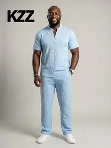 KZZ Men's 2-Piece Set, Casual Textured Menswear Outfit with Letter Embossed Notched Neck Tee & Drawstring Ankle Pants, Men's 2 Piece Sets