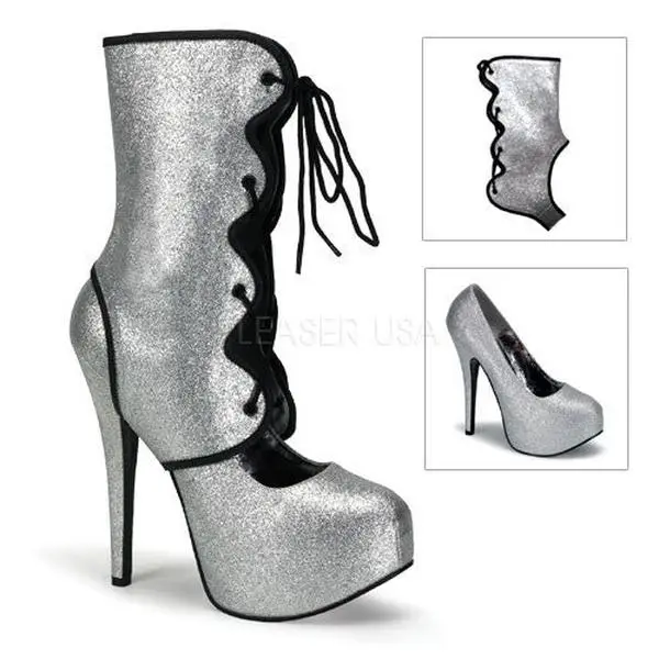 Women's Bordello TEEZE-31G Silver Glitter Convertible High-Heel Pumps - Chic, Sleek Footwear with Detachable Boot Accent, Sparkle, Detachable Shaft, Glittered, Heeled, High Heels, Shoe