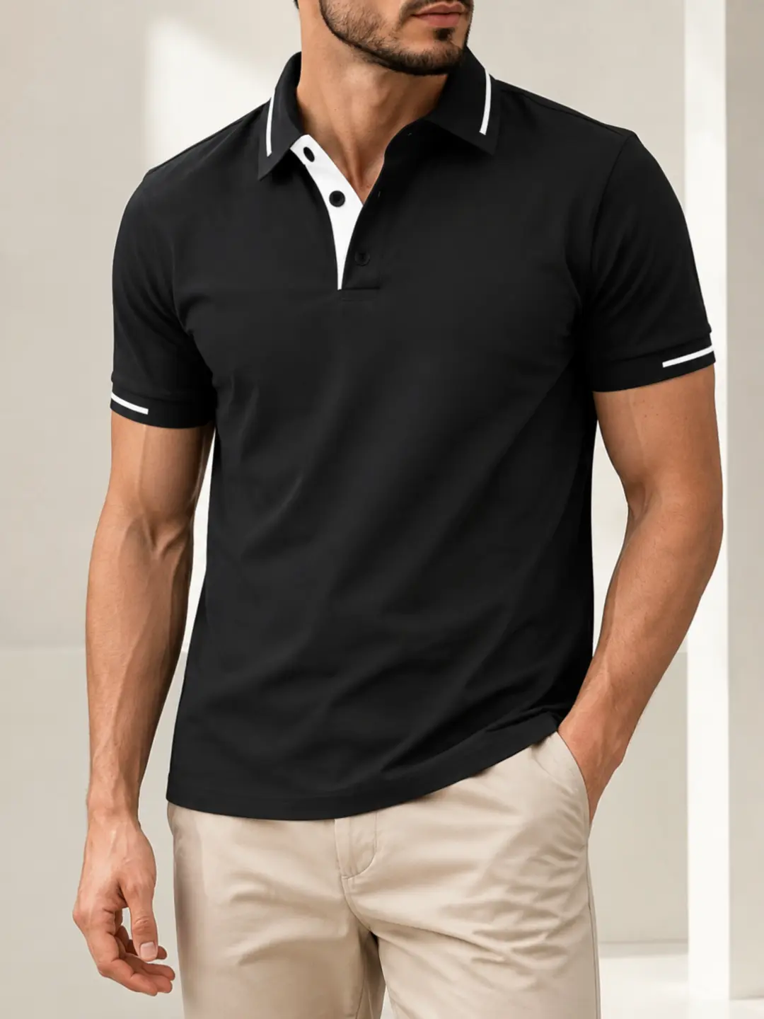 Men's Classic Short Sleeve Polo Shirt, Plain Stretch and Wrinkle-Free Fabric for Business Casual Daily Wear, Button, Xl Black Shortsleeve