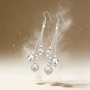 AELNEN Silver-Tone Multi-Chain Ball Tassel Earrings - Shiny & Textured Bead Dangle Earrings - Elegant Daily Jewelry - Gift for Her