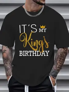 100% Cotton It's My King's Birthday Couples Matching Husband & Boyfriend T-Shirt, Men Graphic T Shirts -  Printed Short Sleeve T-Shirt Top