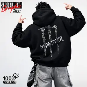 New Monster Text Patchwork Graphic Hoodie | Heavyweight Fleece Streetwear Sweatshirt | Y2K Aesthetic Streetwear Oversized Sweatshirt