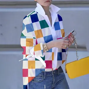 Women's Autumn Colorful Collared Blouses Loose Buttoned Contrast Plaid Tied Stand Collar Polyester Tops