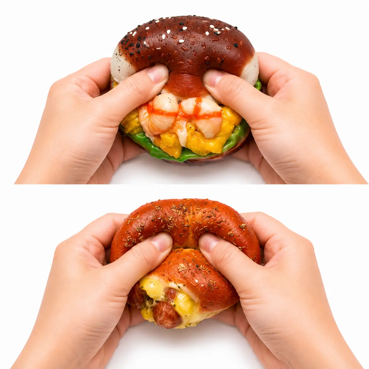 Manual Cream Paste Silicone Stress Relief Fidget Toy Set - 240g Softness Handmade Set with Large Smash Avocado, Shrimp, Egg Burger; Mini Crispy Sausage, Bagel Squishy, Ideal Gift for Kids & Fidgeting Needs