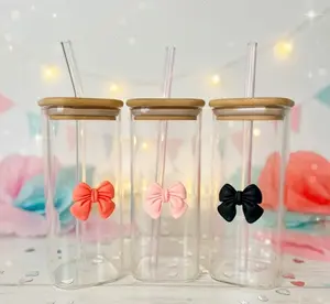 Square Glass Cups with Bamboo Lids & Glass-Straw Heat Resistant Tumbler with Handle Bow Knot Transparent Drinking Glasses for Water Juice Iced Coffee Milk Tea Drinkware
