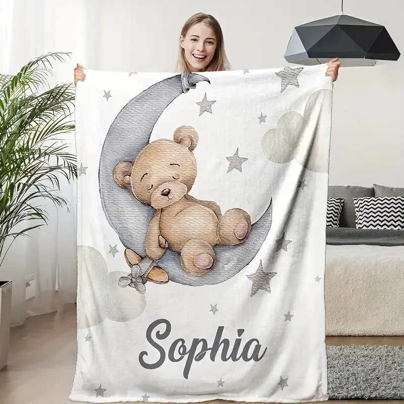 faithful,floral,latino,faith,hocus,pocus,personalised,nostalgic,kids,1pc Custom Cartoon Bear Moon Name Blanket - Soft Fleece Knit Polyester, Hypoallergenic All Season Personalized Blanket for Sofa, Travel, Modern Home Bedding & Throws, Custom Blanket, Per