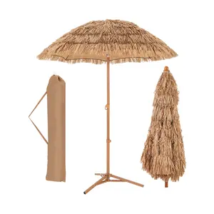 COSTWAY - 6.5 Feet Thatched Tiki Umbrella with Foldable Stand Push Button Tilt-Natural