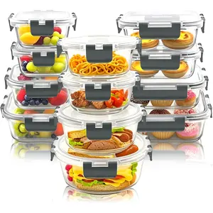 12 Pack Glass  Storage Container Set with Snap Locking  Airtight, Stackable Borosilicate Glass Meal Prep Containers, Microwave, Oven, Freezer and Dishwasher Safe (Gray)
