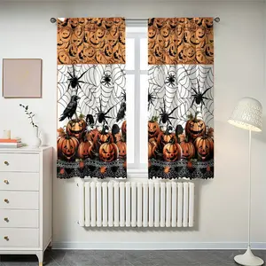 2 pieces of high-definition digital Halloween pumpkin spider and crow printed curtains, fade-resistant, machine-washable and hand-washable, suitable for bedroom and living room home decoration