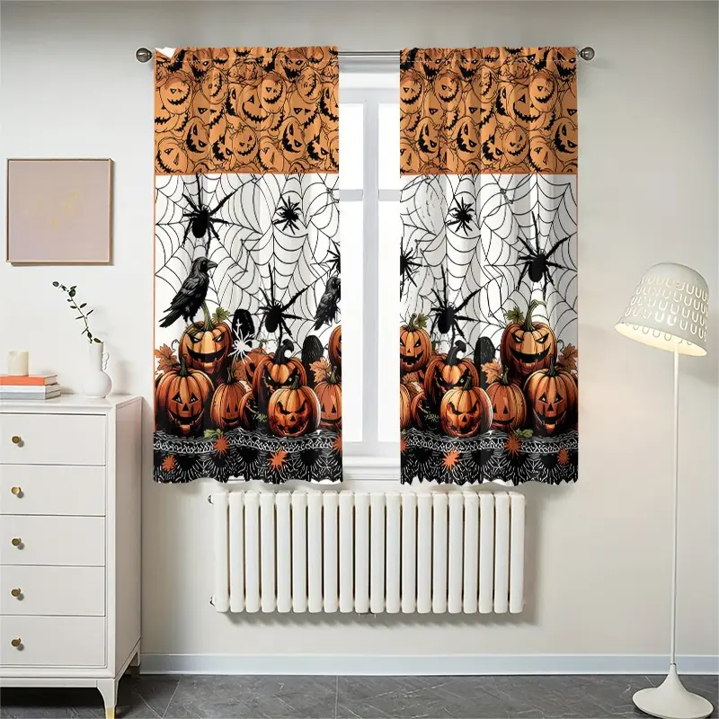 2 pieces of high-definition digital Halloween pumpkin spider and crow printed curtains, fade-resistant, machine-washable and hand-washable, suitable for bedroom and living room home decoration, Curtain For Windows