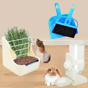 4PCS Rabbit Feeder and Water Bottle Set,Durable Hay Food Bin Feeder,Food Bowl,Gravity-Fed Water Dispenser for Rabbit, Guinea Pig, Chinchilla Prevent Knock Over for Rabbit Guinea Pig Chinchilla Comes with A Broom summervibes