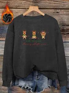 Women's Christmas Fitness Dumbbell Print Sweater, Long Sleeve Round Neck Pullover, Soft Elastic Fabric, Casual Fall & Winter Top