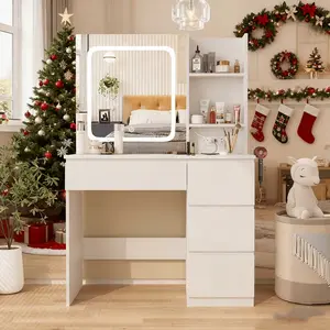 Vabches Vanity Desk with Mirror and Lights,Make Up 4 Drawers Table with Glass Door Storage Cabinet,Charger Station,3 Lighting Color Dressing Table for Bedroom,37inch