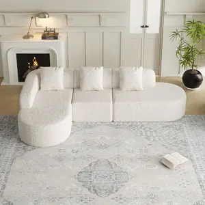 111.8" Curved L-Shaped Modular Sectional Sofa, Modern Corner Couch with Lychee-Textured Long-Pile Polyester Fabric, Curved Backrest with 3 Pillows, Oversized Spacious Seating for Living Room, Apartment