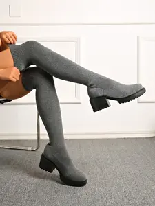 Women's Over-The-Knee Boots Spring & Fall 2026, Trendy Knitted Elastic Socks Booties, Thick Heeled Boots, Chunky Heel High-Heeled Long Tube Slim Fit Footwear