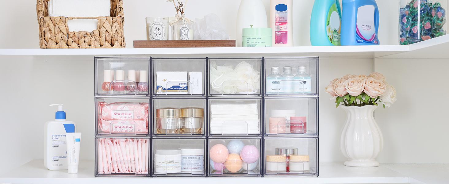 4 Pack Small Clear Stackable Storage Drawers,Acrylic Bathroom Makeup Organizer,Plastic Storage Bins For Vanity, Undersink, Kitchen Cabinets, Pantry, Home Organization