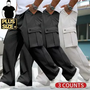[Plus Size] Men's Cargo Pants 3-Pack - Black/Light Grey Baggy Trousers with Zippered Multi-Pockets, Loose Fit Casual Work Pants, Drawstring Waist Streetwear Pants for Big & Tall Men (2XL-6XL)