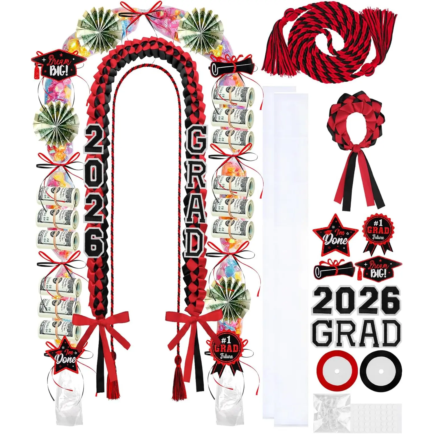 18 Pcs 2026 Graduation Lei Making Kit, Graduation Necklace Candy Leis Class of 2026 Double Layer Ribbon Money Lei Accessories with Bracelet & Honor Cord for DIY Graduate Gifts Women Men