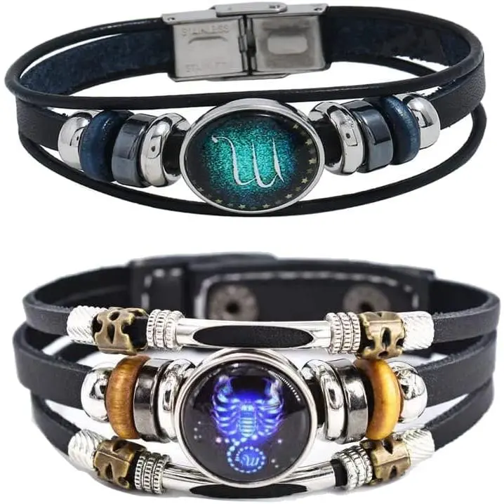 2 count Multilayer Constellation Zodiac Leather Bracelet Handmade Woven Zodiac Sign Wrap Bracelet Wristband for Women Men  Birthday