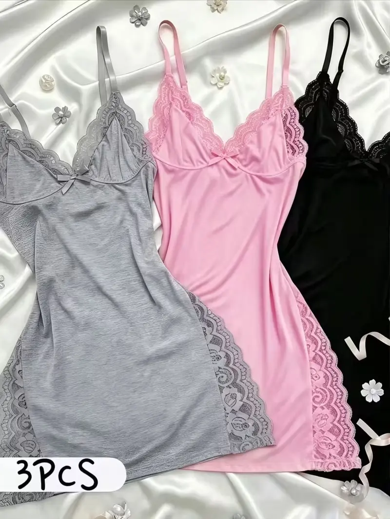 Women's Solid Lace Nightdress 3-Pack - Lace Panels, Skirt Side Slits, Sleeveless, Deep V Neck, Nightwear, Loungewear, All Seasons, Fashion Apparel, Women's Clothing, Sexy Chic, Slim-Fitting, Sleepwear Nightdress, Women's Sexywear