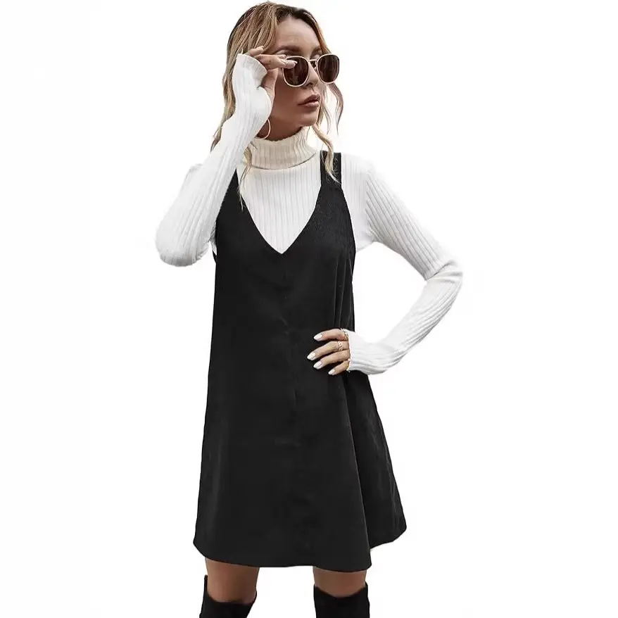 Women V Neck Corduroy Overall Dress 2026 Spring Mini Pinafore Jumper Dress