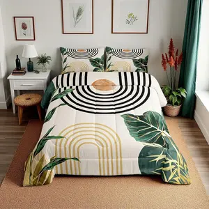 Mid Century Boho Bedding Set,Abstract Art Simple Comforter Set,Minimalist Tropical Palm Leaves Bedding Sets, Modern Bohemian Aesthetic Quilt