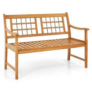 COSTWAY - Patio Acacia Wood Bench with Curved Armrests Slatted Seat and Backrest