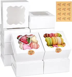 12 Pieces Cookie Boxes with Window, 6×6×3 Inches Treat Boxes for Bakery Dessert Pastry Mini Cake Favor Donut Baked Goods (White, with Stickers)