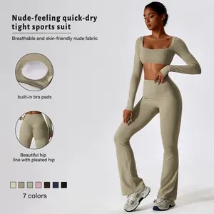 Two-piece women's workout set: square-neck long-sleeve cropped top and high-waist flared pants.Ideal for fitness, yoga, Pilates, and outdoor activities. elegante  sport workout sets for women